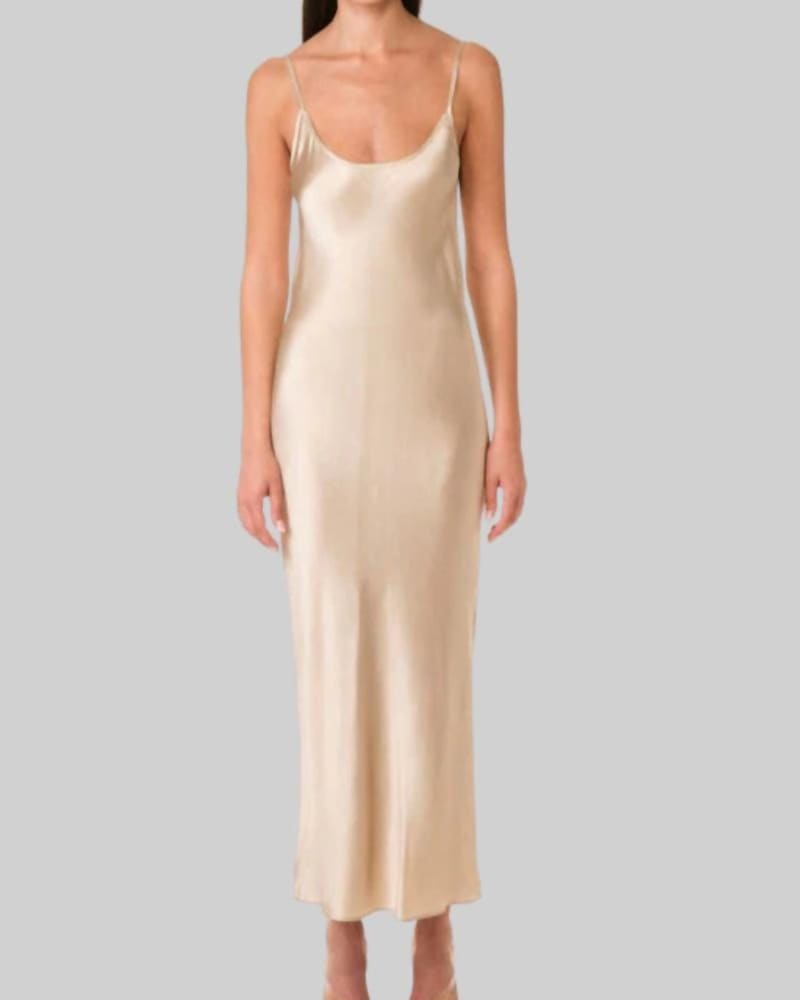 Front of a model wearing a size L Kelly Dress In Champagne in Champagne by Mother of All. | dia_product_style_image_id:359553